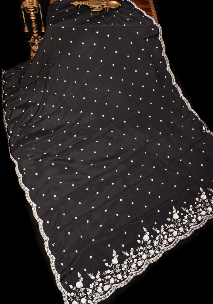 Black Exquisite Pure Crepe Chiffon saree with Sequin and Cutdana scallop embroidery | SILK MARK CERTIFIED