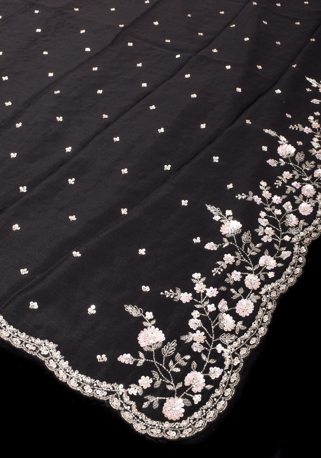 Black Exquisite Pure Crepe Chiffon saree with Sequin and Cutdana scallop embroidery | SILK MARK CERTIFIED