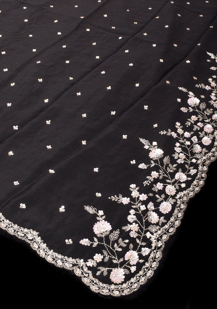 Black Exquisite Pure Crepe Chiffon saree with Sequin and Cutdana scallop embroidery | SILK MARK CERTIFIED