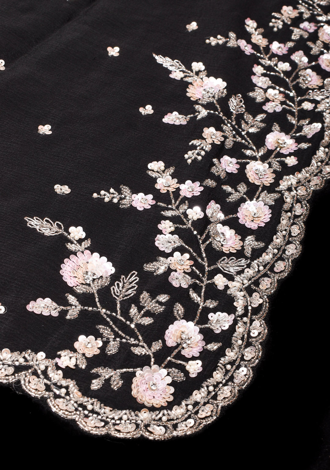 Black Exquisite Pure Crepe Chiffon saree with Sequin and Cutdana scallop embroidery | SILK MARK CERTIFIED