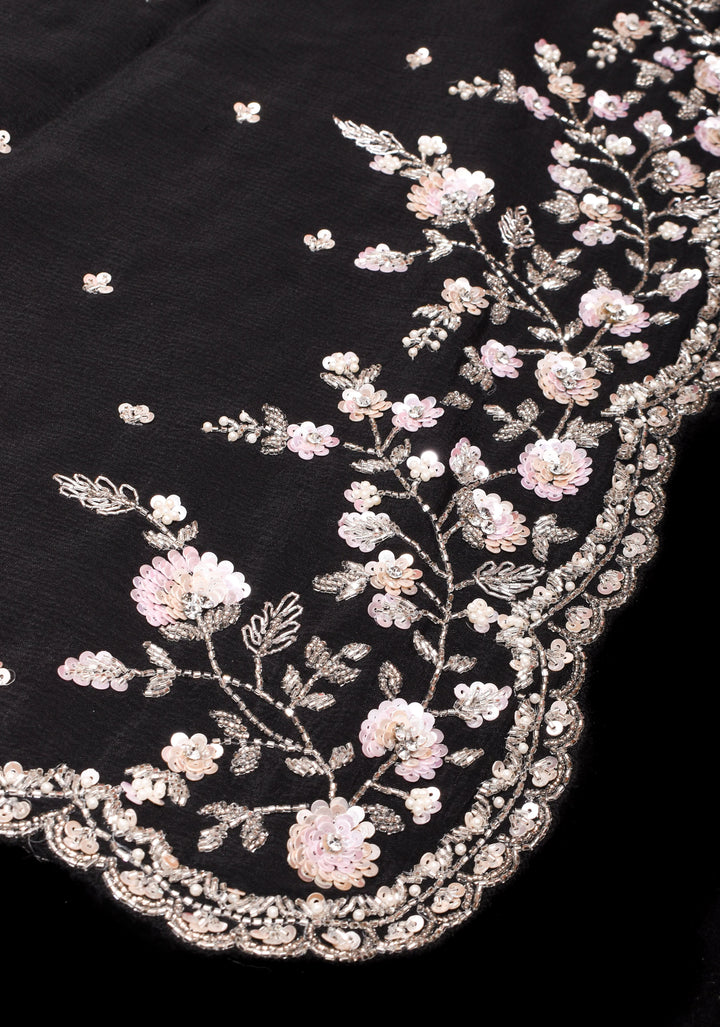 Black Exquisite Pure Crepe Chiffon saree with Sequin and Cutdana scallop embroidery | SILK MARK CERTIFIED
