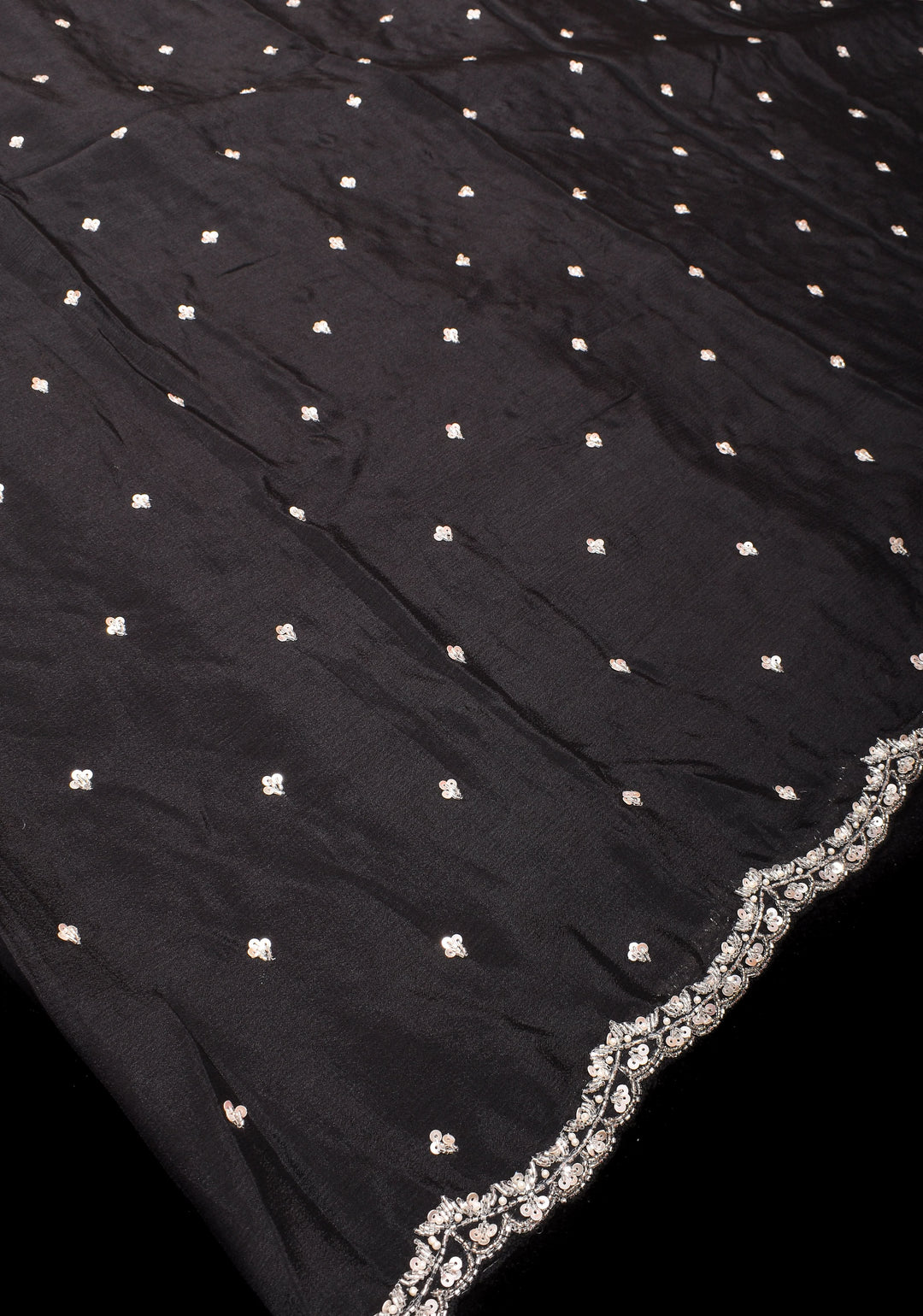 Black Exquisite Pure Crepe Chiffon saree with Sequin and Cutdana scallop embroidery | SILK MARK CERTIFIED