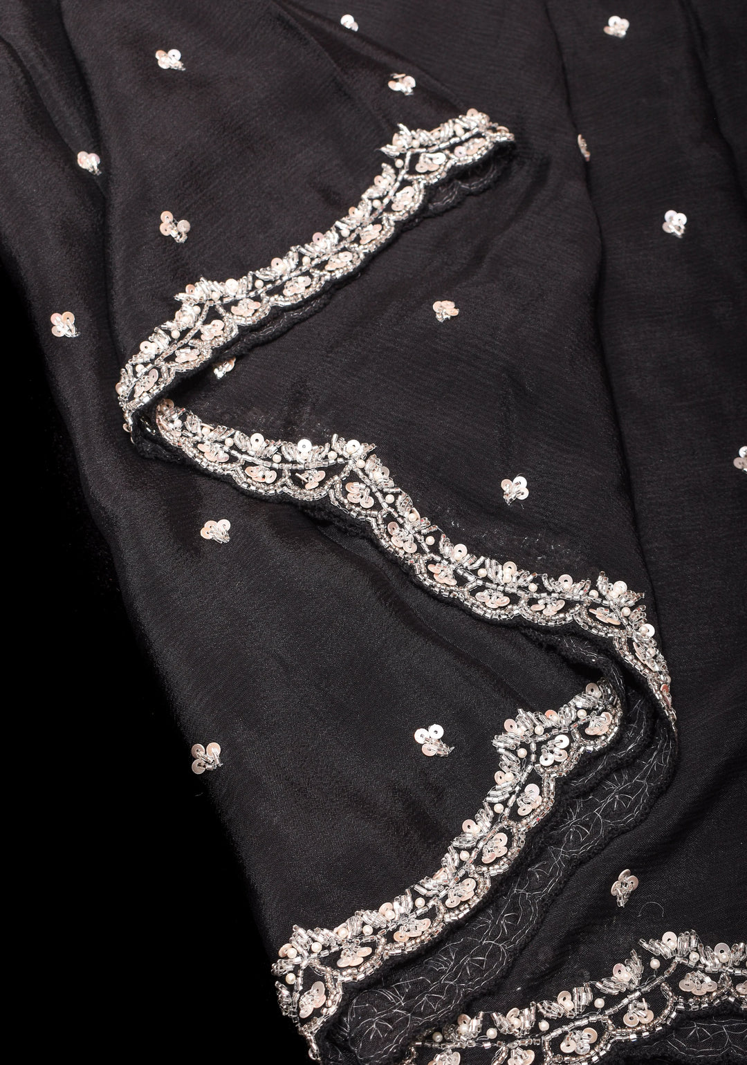 Black Exquisite Pure Crepe Chiffon saree with Sequin and Cutdana scallop embroidery | SILK MARK CERTIFIED