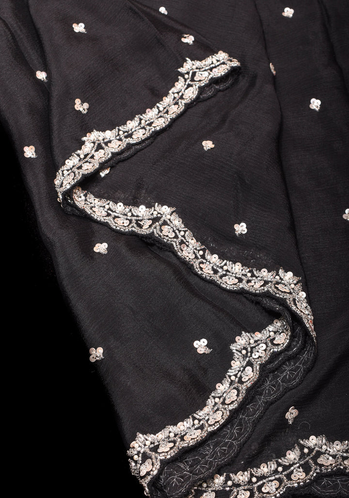 Black Exquisite Pure Crepe Chiffon saree with Sequin and Cutdana scallop embroidery | SILK MARK CERTIFIED