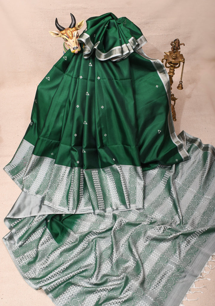 Kanjivaram Soft Silk Saree In Bottle Green With Resham Border | SILK MARK CERTIFIED