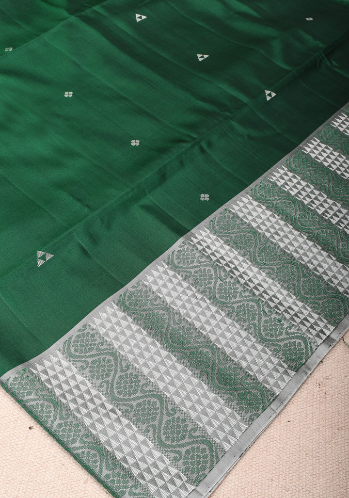 Kanjivaram Soft Silk Saree In Bottle Green With Resham Border | SILK MARK CERTIFIED