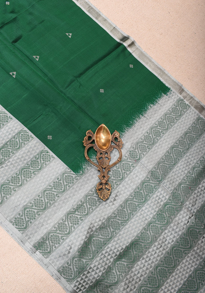 Kanjivaram Soft Silk Saree In Bottle Green With Resham Border | SILK MARK CERTIFIED
