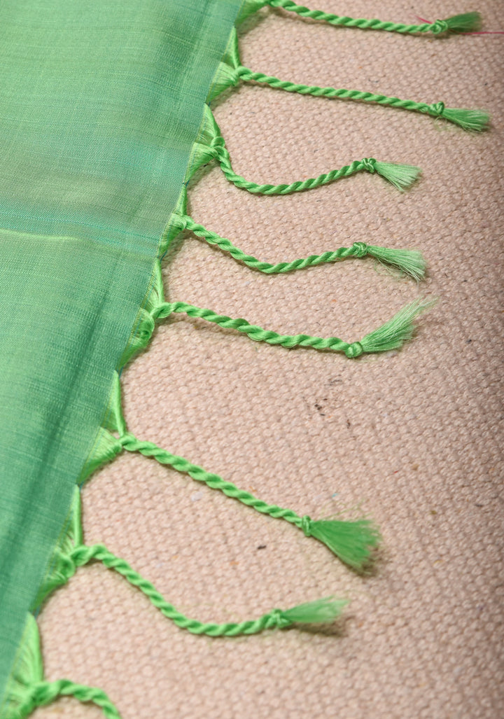 Green Kanjivaram Soft Silk Borderless Saree with Resham Buttas and Raw Silk Interweave| SILK MARK CERTIFIED