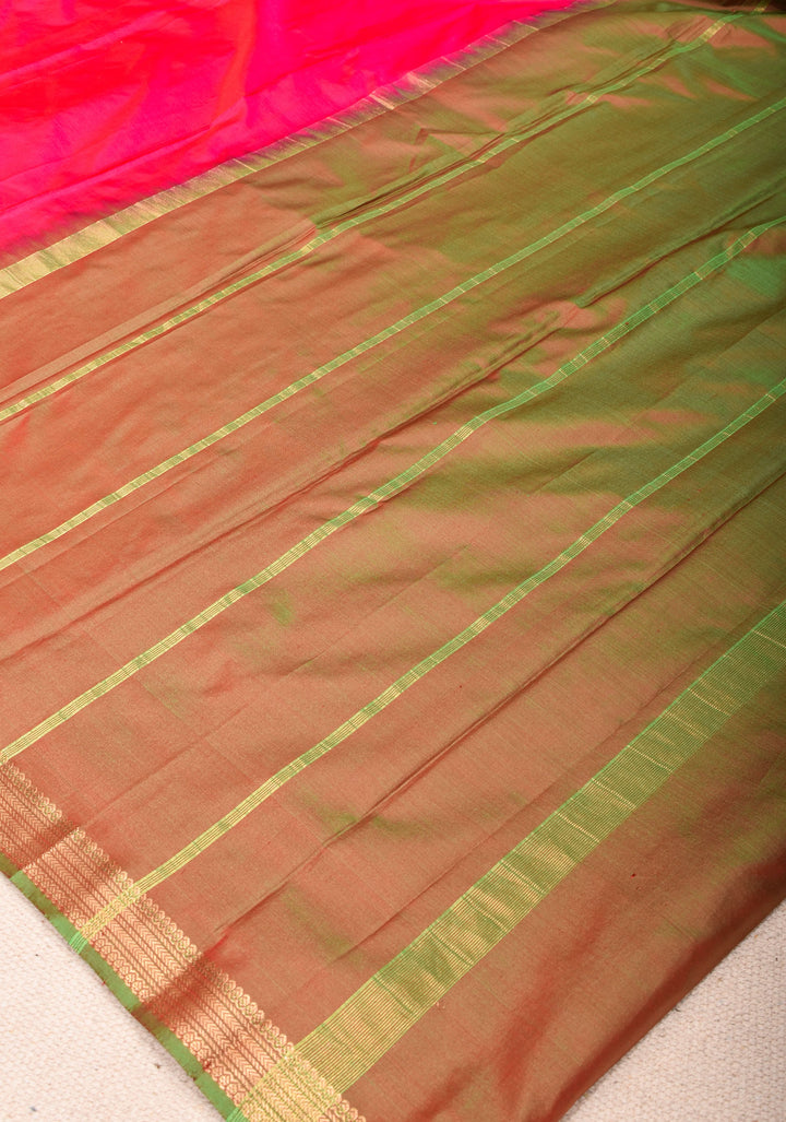 Rani Pink Kanjivaram Soft Silk Saree with Green Minimal Width Border | SILK MARK CERTIFIED