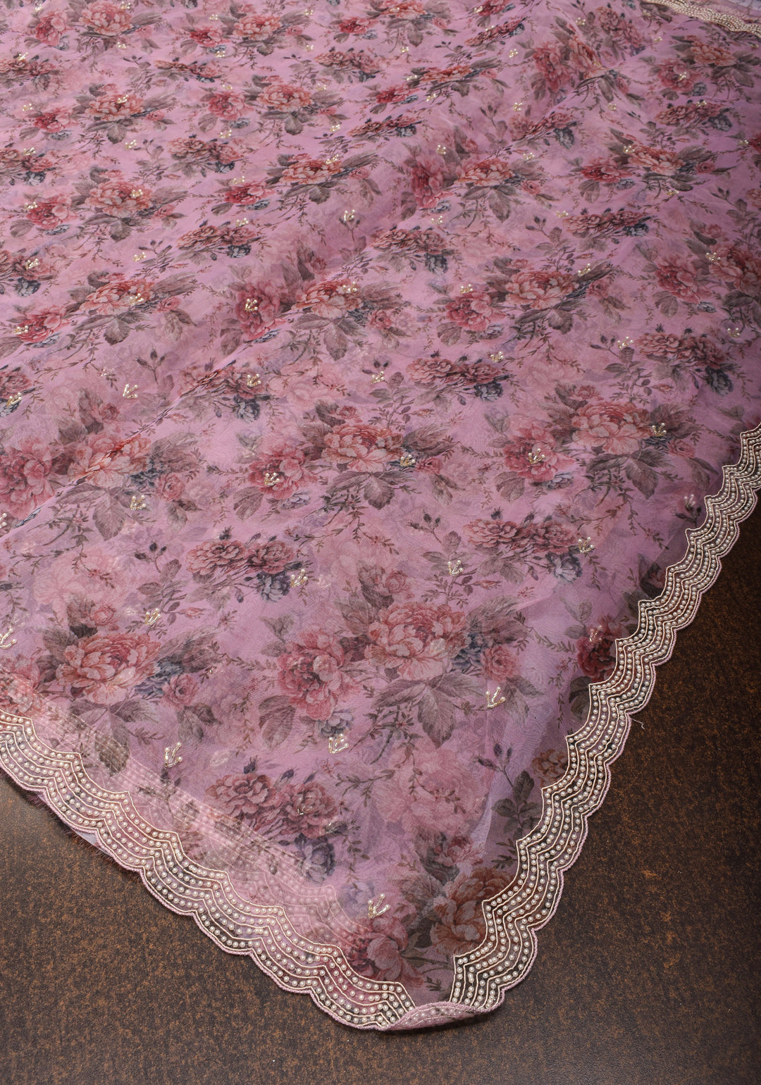 Dusty amethyst Organza Saree with Floral Digital Print and moti work  scallop border