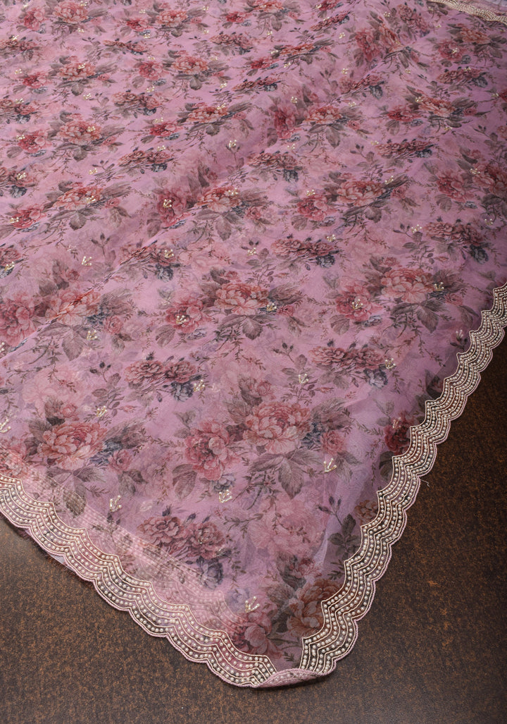 Dusty amethyst Organza Saree with Floral Digital Print and moti work  scallop border