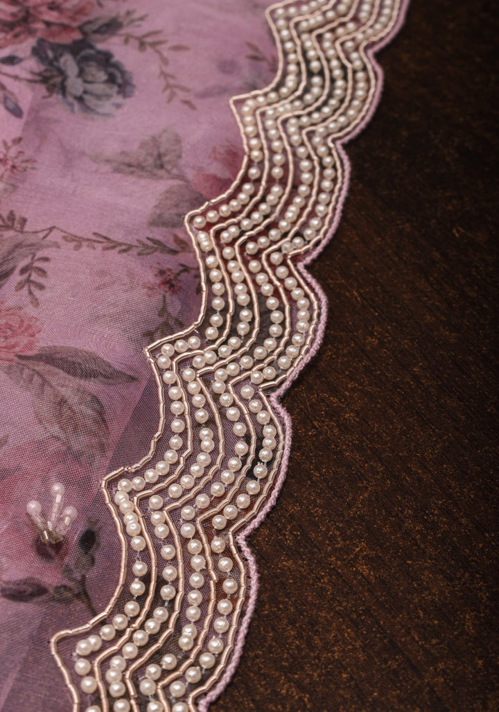 Dusty amethyst Organza Saree with Floral Digital Print and moti work  scallop border