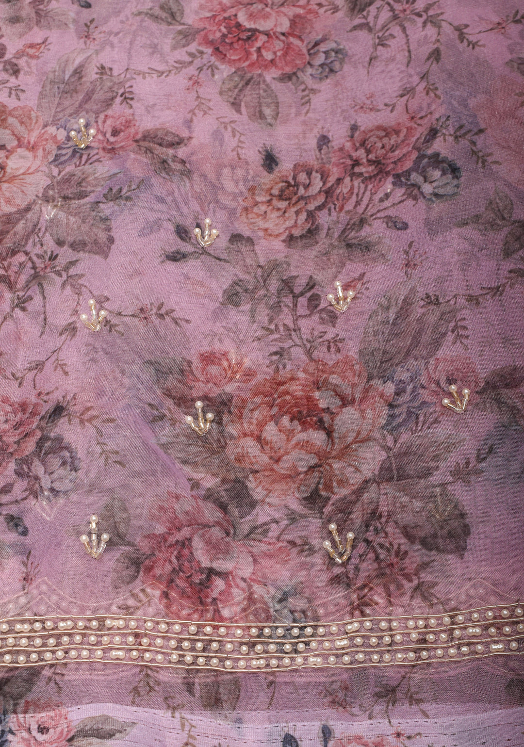 Dusty amethyst Organza Saree with Floral Digital Print and moti work  scallop border