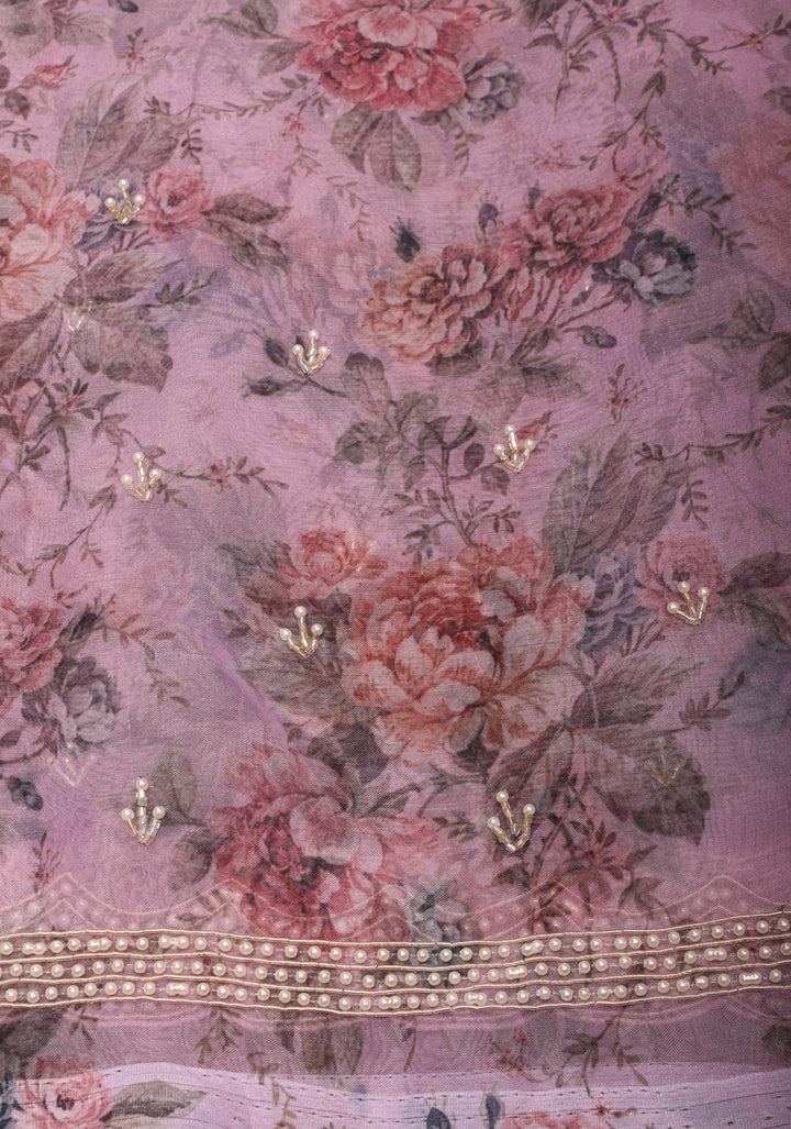 Dusty amethyst Organza Saree with Floral Digital Print and moti work  scallop border