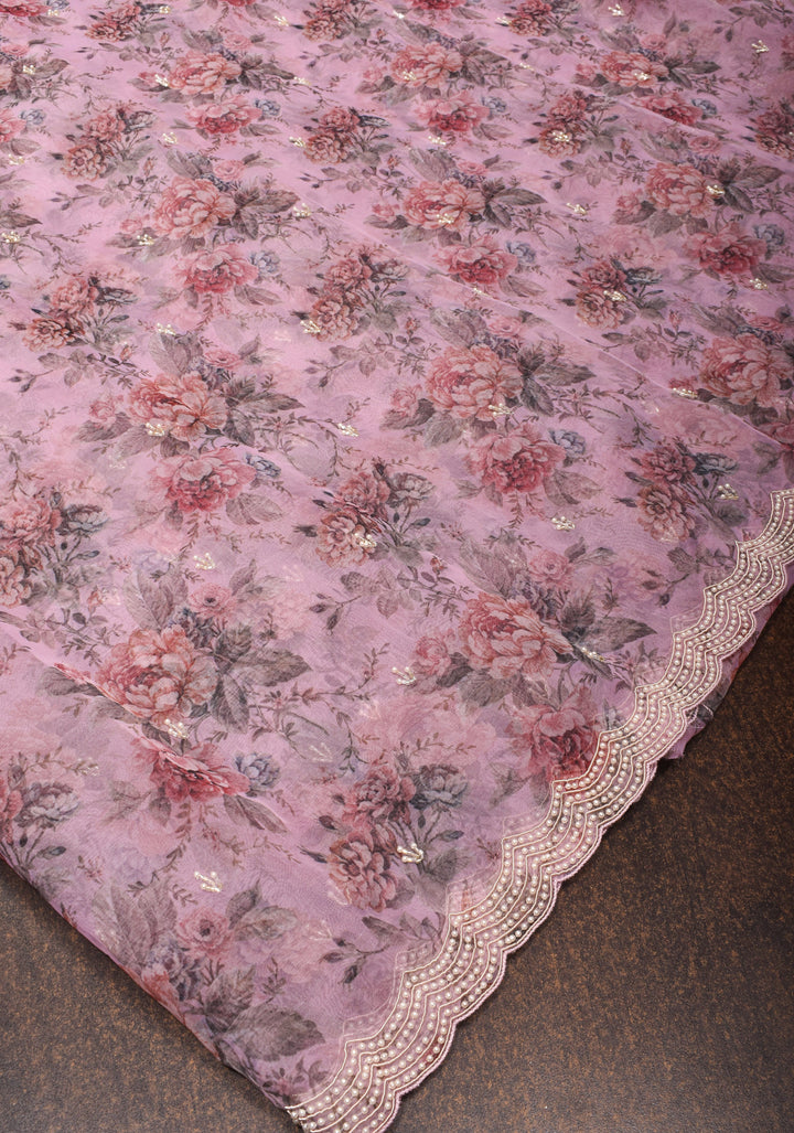 Dusty amethyst Organza Saree with Floral Digital Print and moti work  scallop border