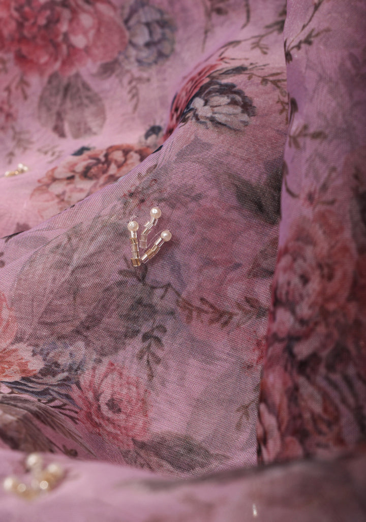 Dusty amethyst Organza Saree with Floral Digital Print and moti work  scallop border