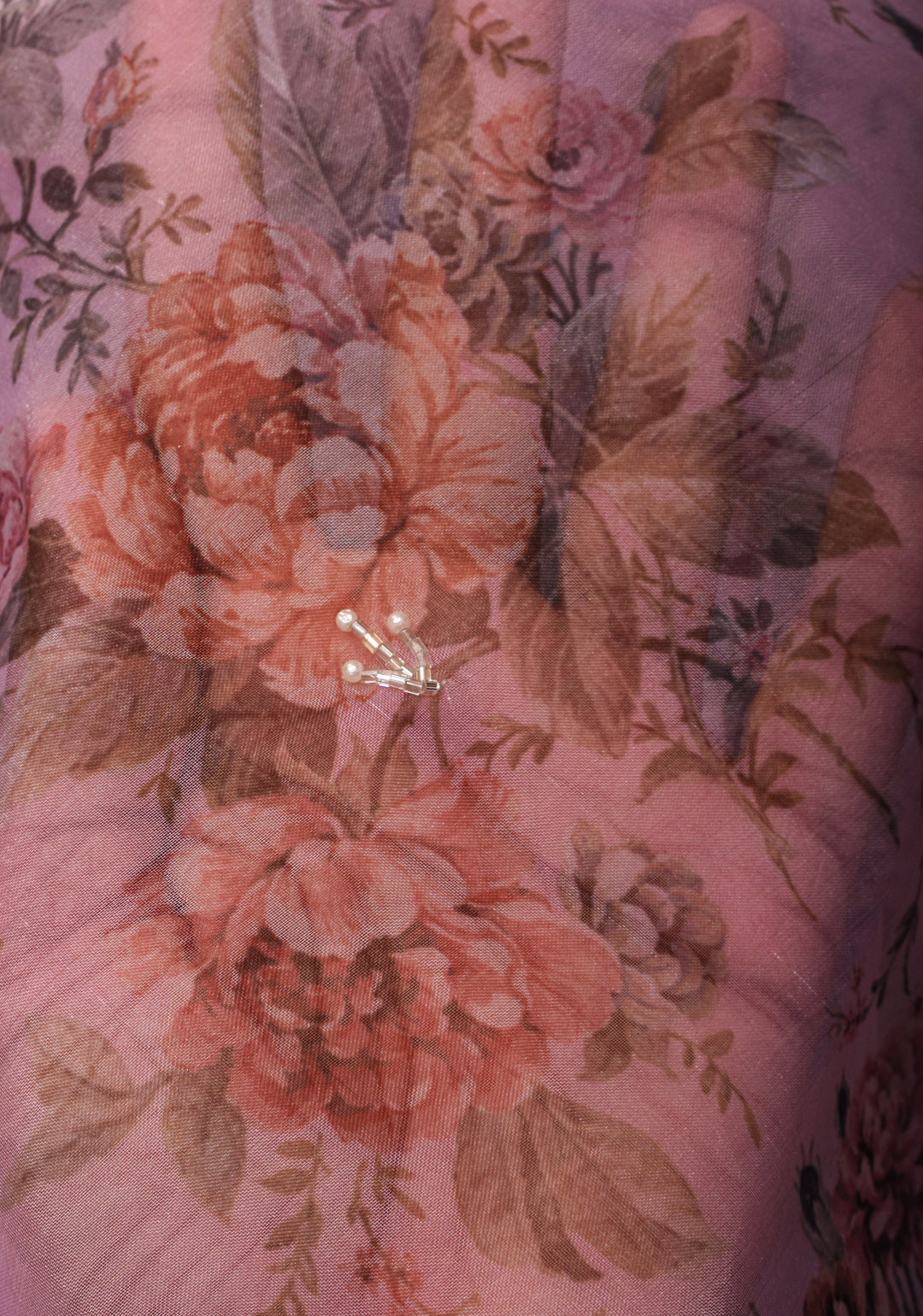 Dusty amethyst Organza Saree with Floral Digital Print and moti work  scallop border