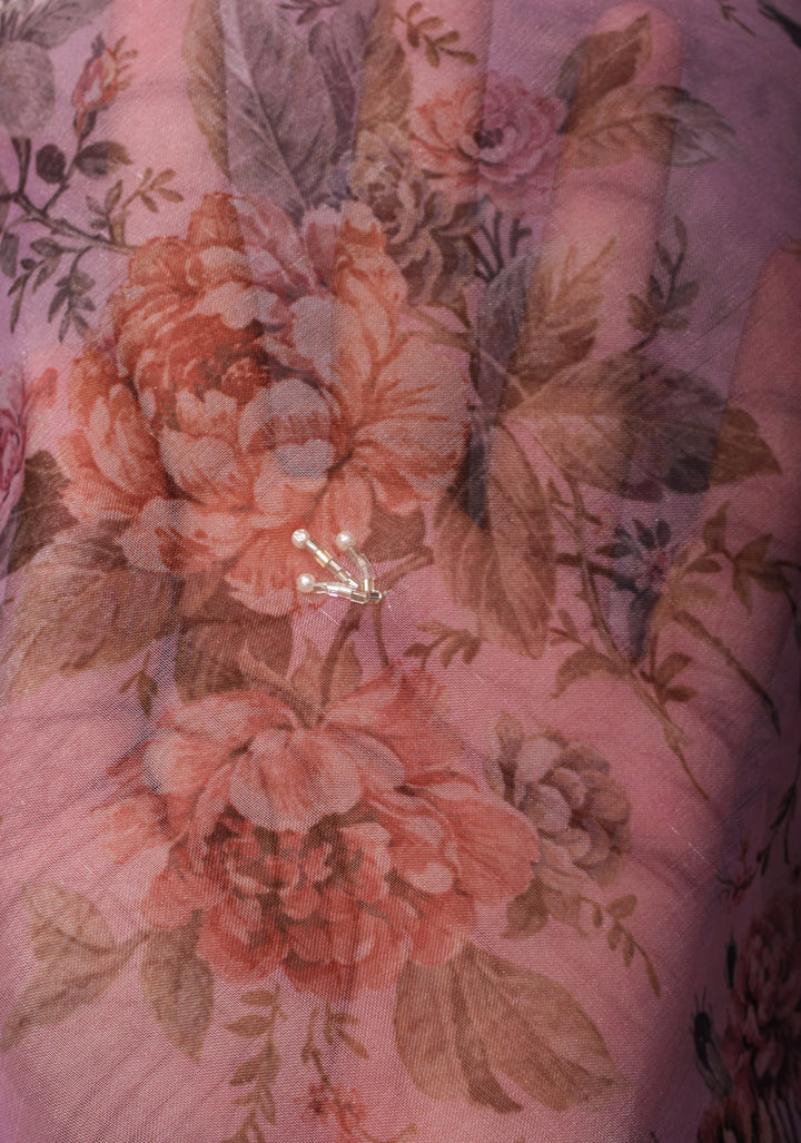 Dusty amethyst Organza Saree with Floral Digital Print and moti work  scallop border