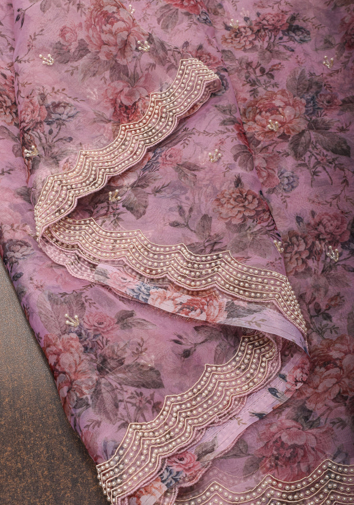 Dusty amethyst Organza Saree with Floral Digital Print and moti work  scallop border