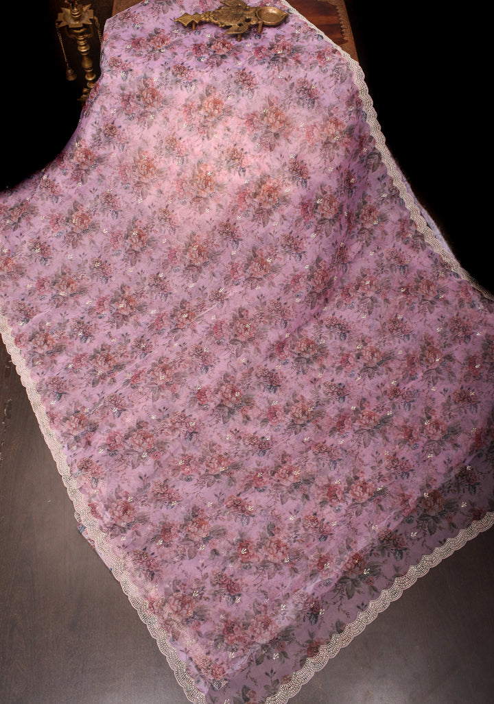 Dusty amethyst Organza Saree with Floral Digital Print and moti work  scallop border