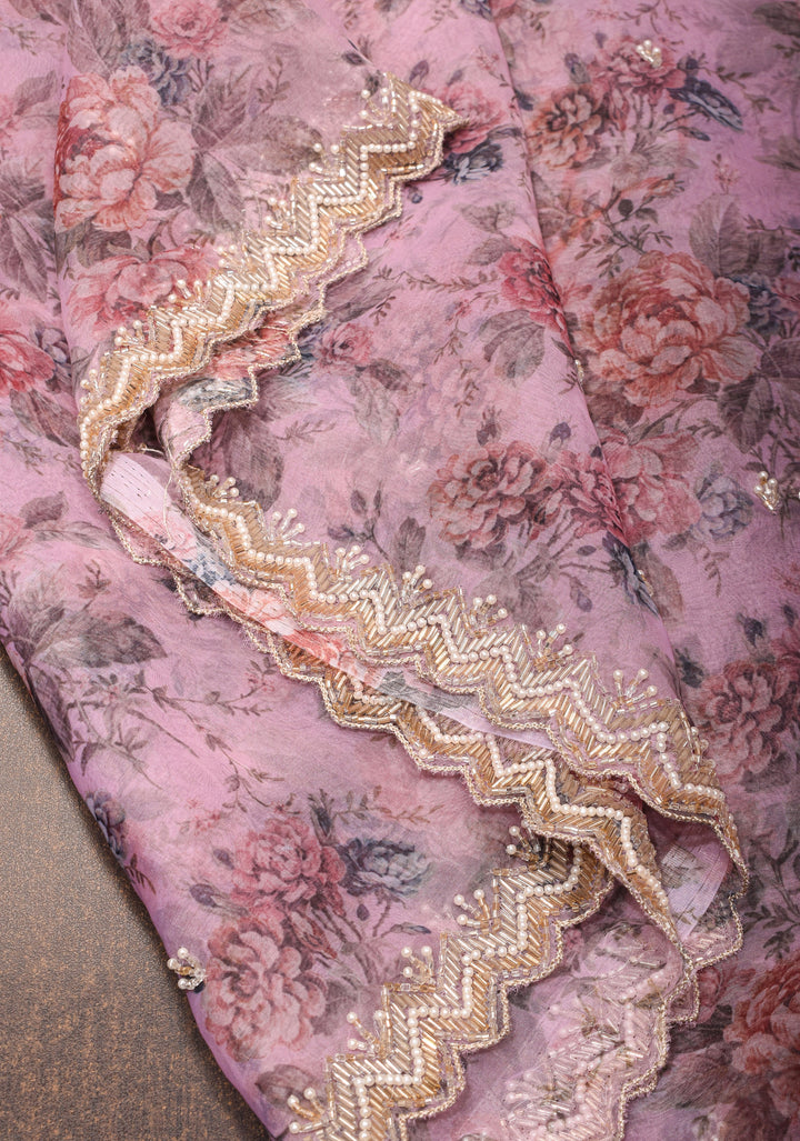 Dusty Amethyst Organza Saree with Floral Digital Print and cutdana, moti scallop border