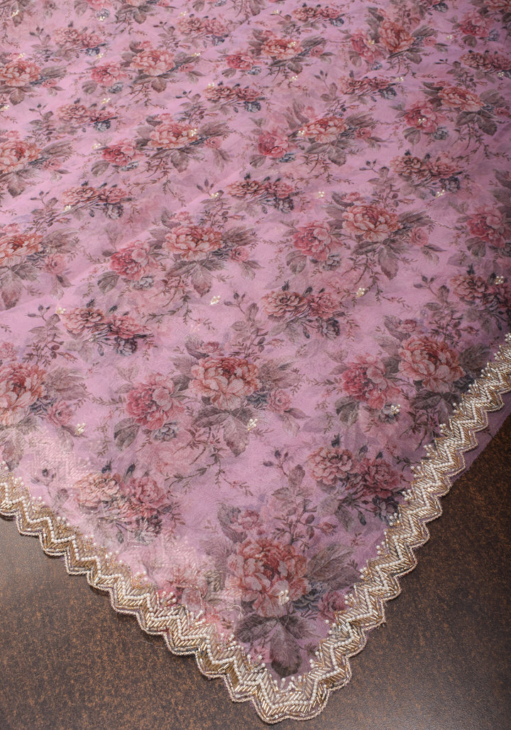 Dusty Amethyst Organza Saree with Floral Digital Print and cutdana, moti scallop border