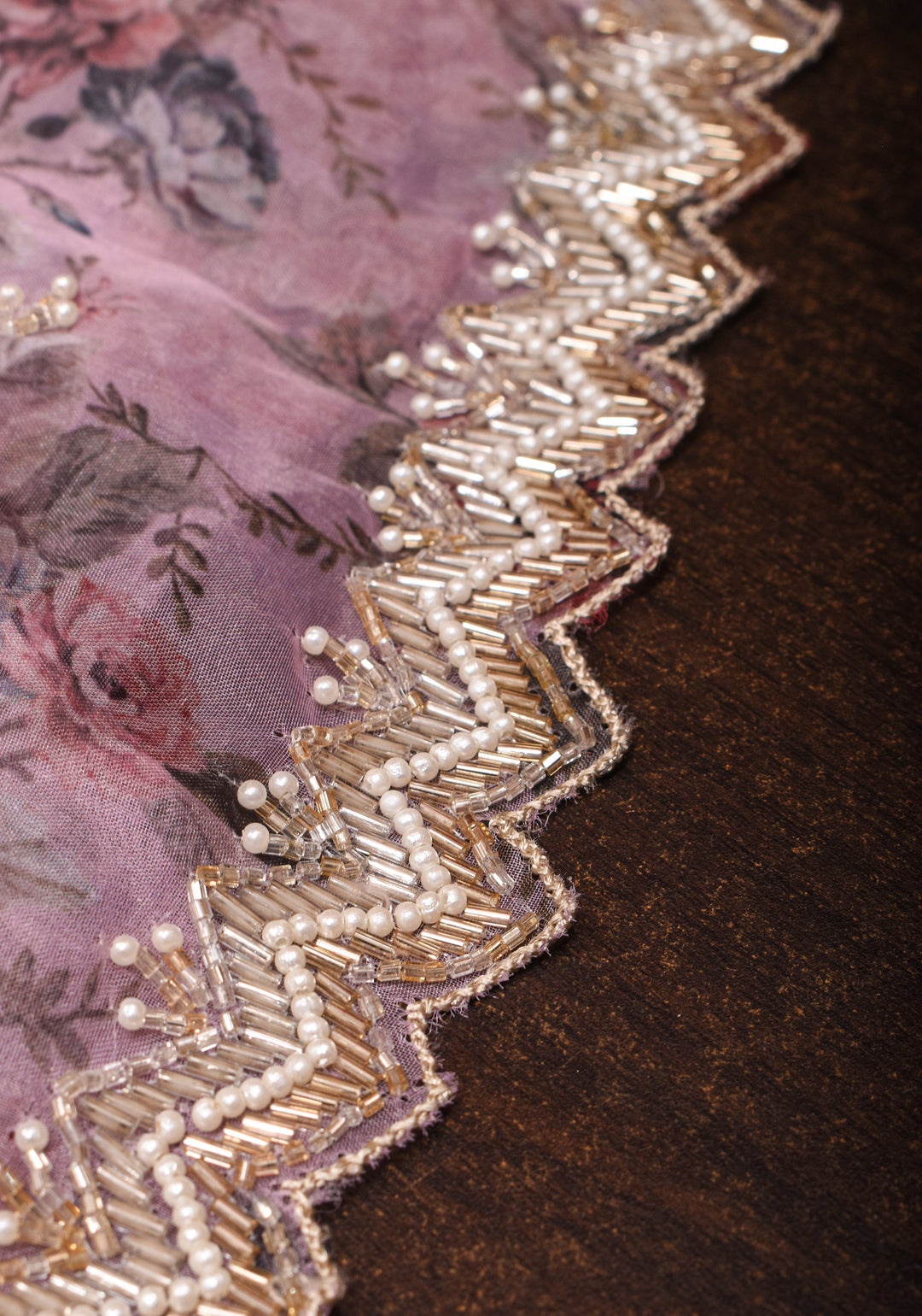 Dusty Amethyst Organza Saree with Floral Digital Print and cutdana, moti scallop border