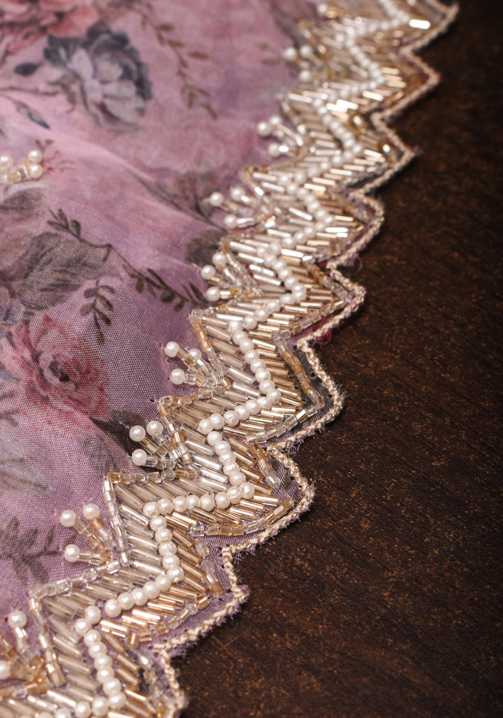 Dusty Amethyst Organza Saree with Floral Digital Print and cutdana, moti scallop border