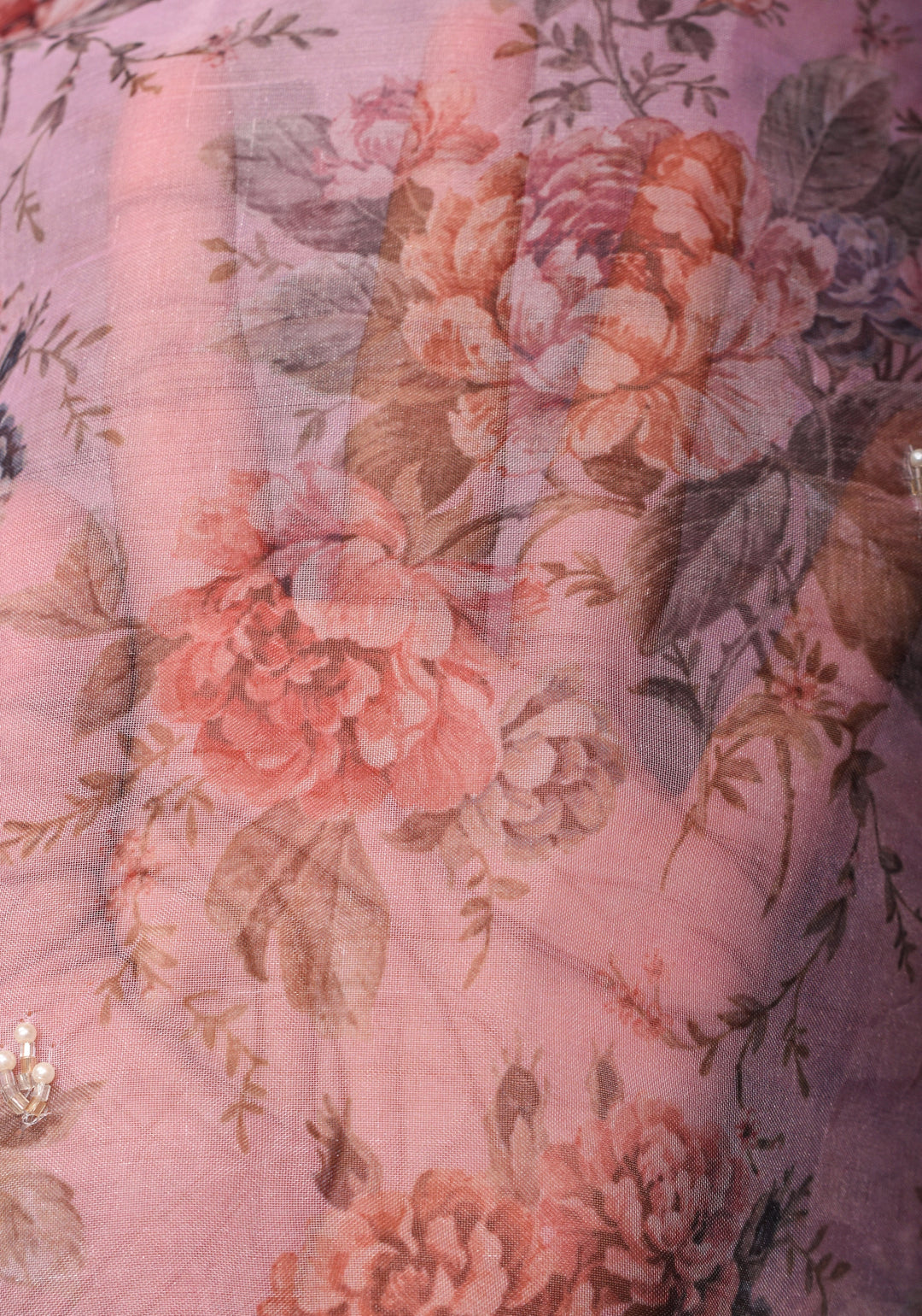 Dusty Amethyst Organza Saree with Floral Digital Print and cutdana, moti scallop border