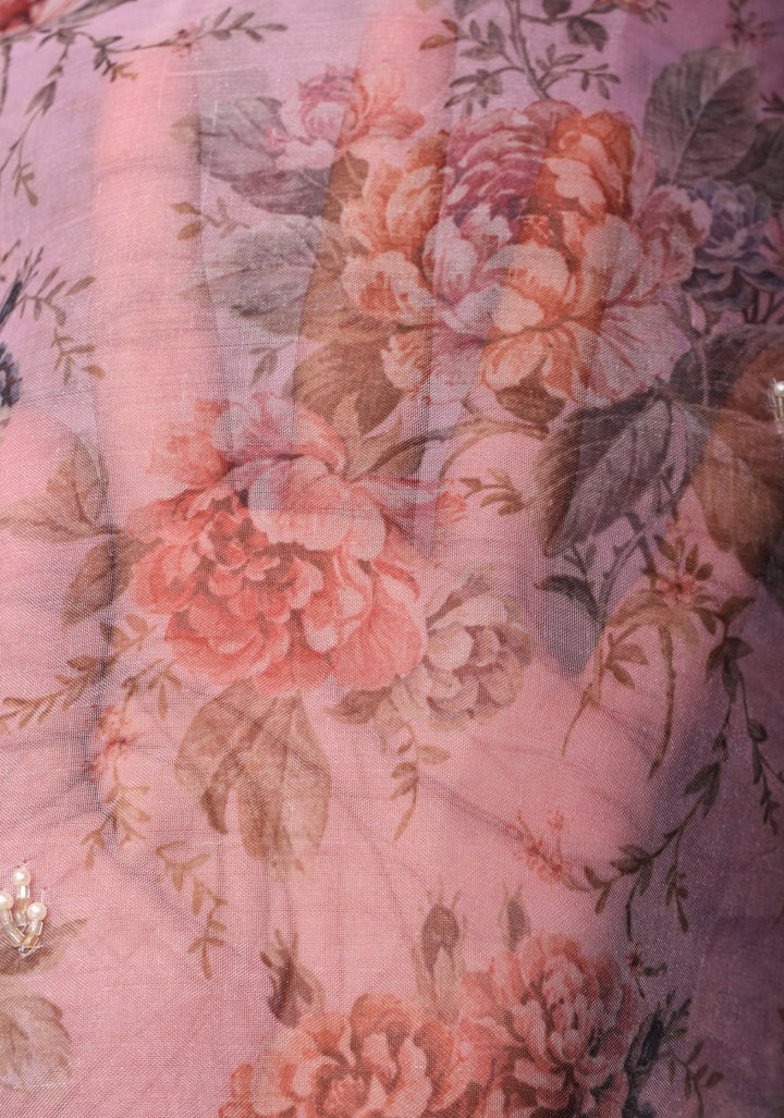 Dusty Amethyst Organza Saree with Floral Digital Print and cutdana, moti scallop border