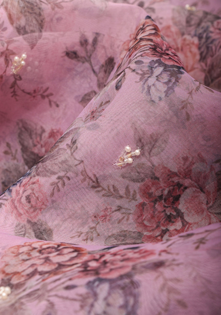 Dusty Amethyst Organza Saree with Floral Digital Print and cutdana, moti scallop border