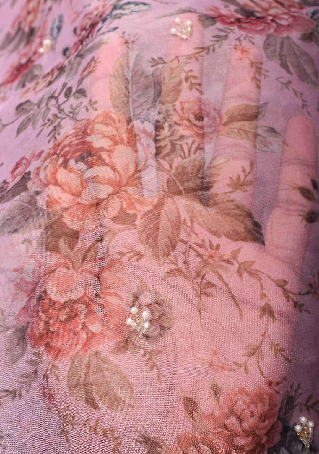 Dusty Amethyst Organza Saree with Floral Digital Print and cutdana, moti scallop border