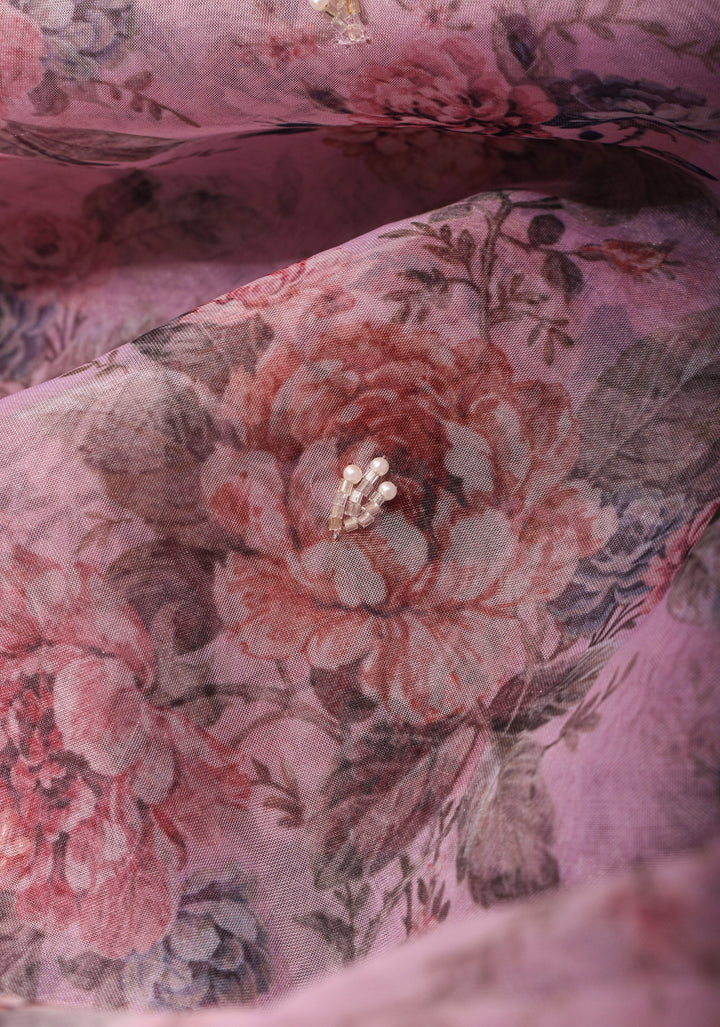 Dusty Amethyst Organza Saree with Floral Digital Print and cutdana, moti scallop border