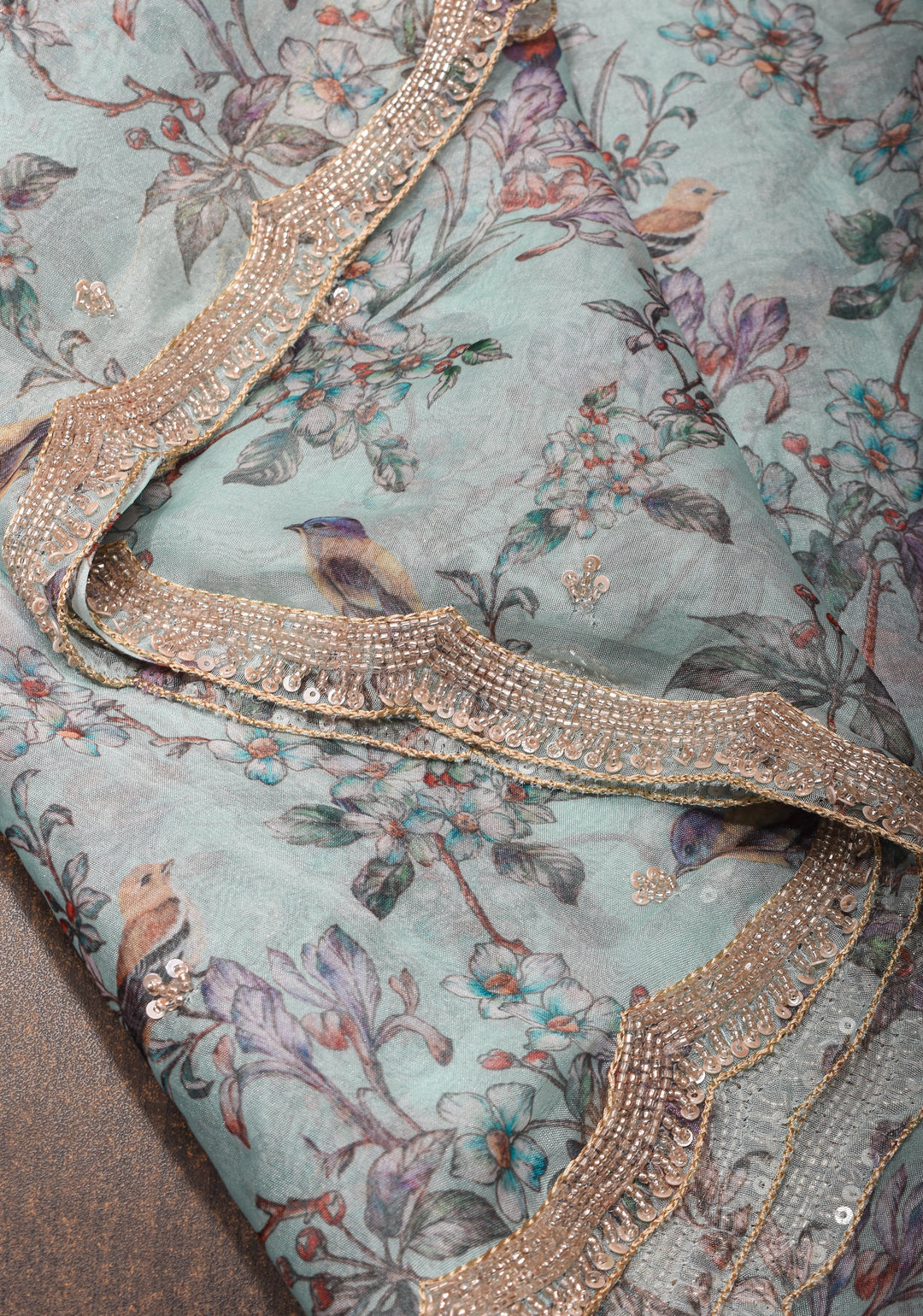 Light Cyan Pure Banarasi Organza Silk Saree with Digital Print and sequins, cutdana work on scallop border