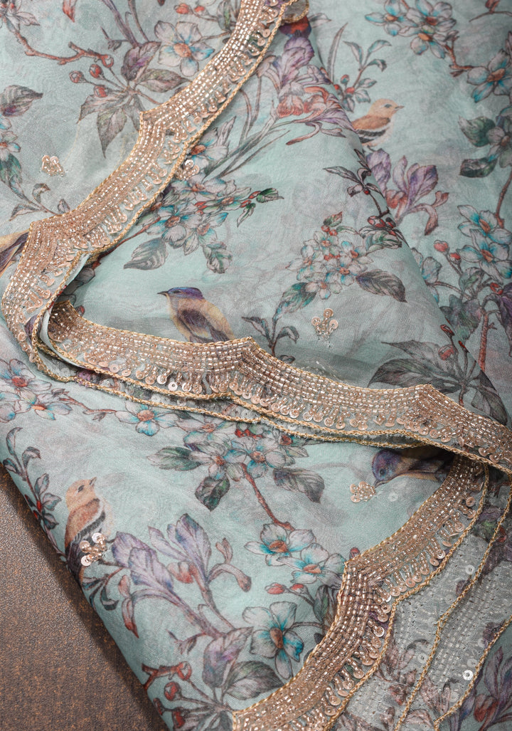 Light Cyan Pure Banarasi Organza Silk Saree with Digital Print and sequins, cutdana work on scallop border