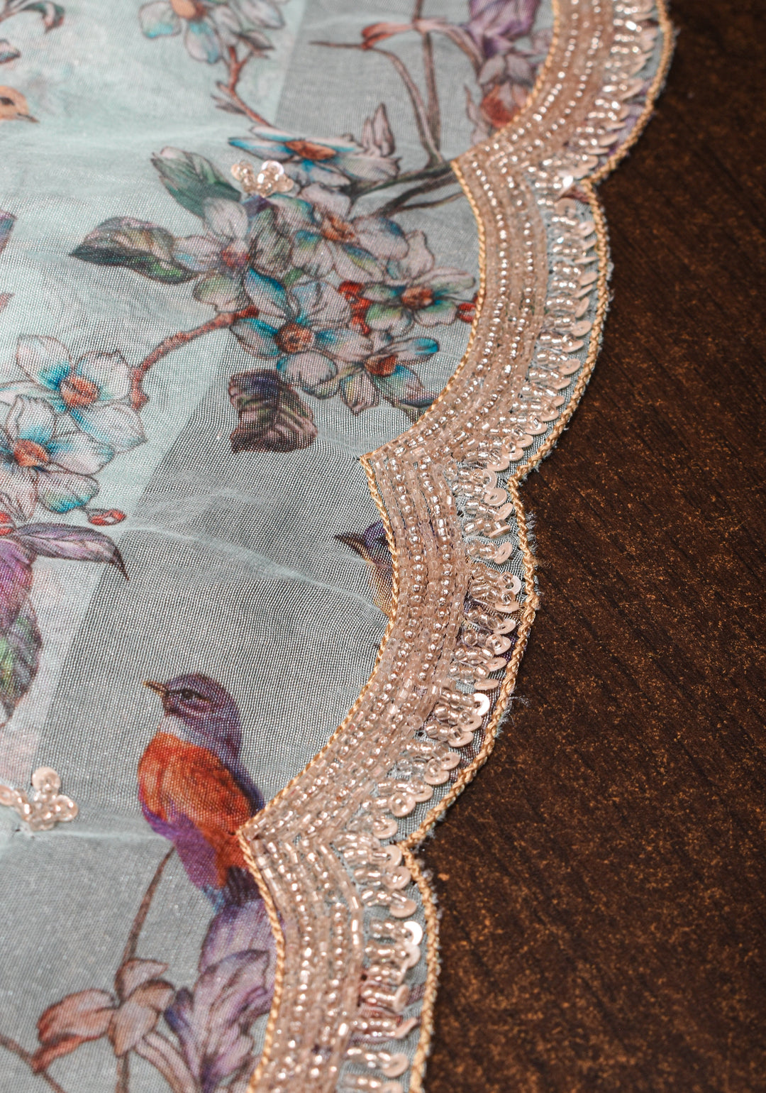 Light Cyan Pure Banarasi Organza Silk Saree with Digital Print and sequins, cutdana work on scallop border