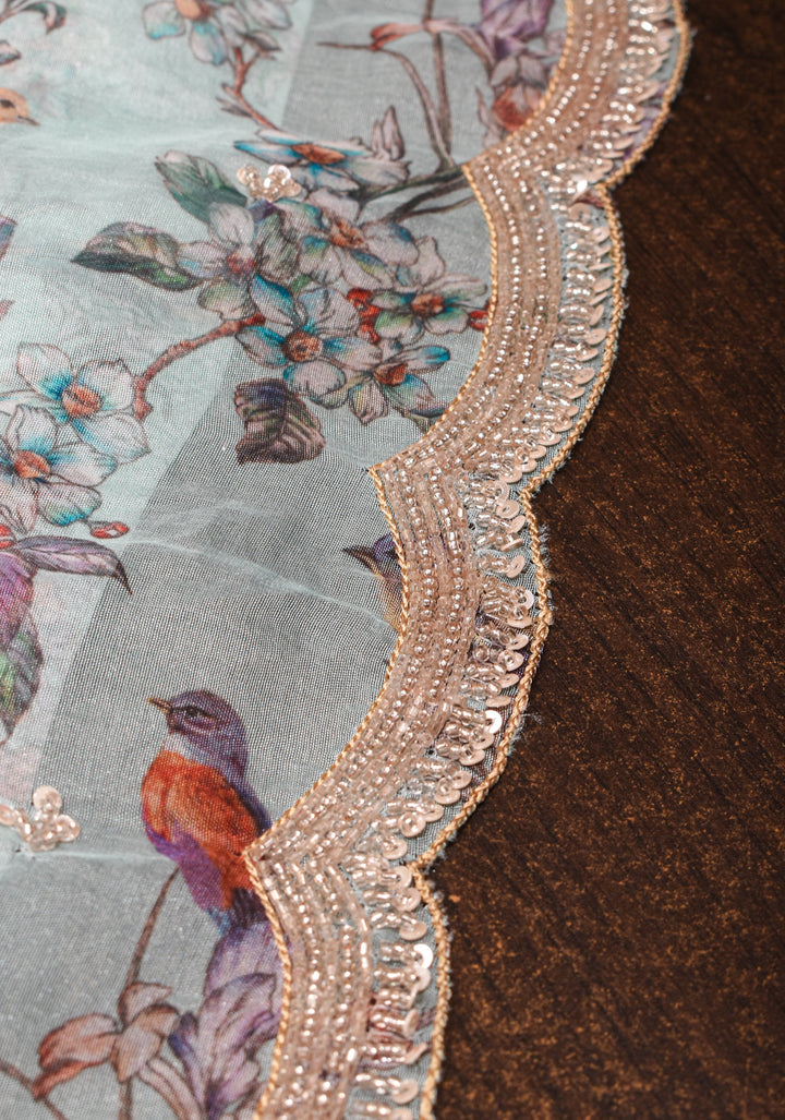 Light Cyan Pure Banarasi Organza Silk Saree with Digital Print and sequins, cutdana work on scallop border