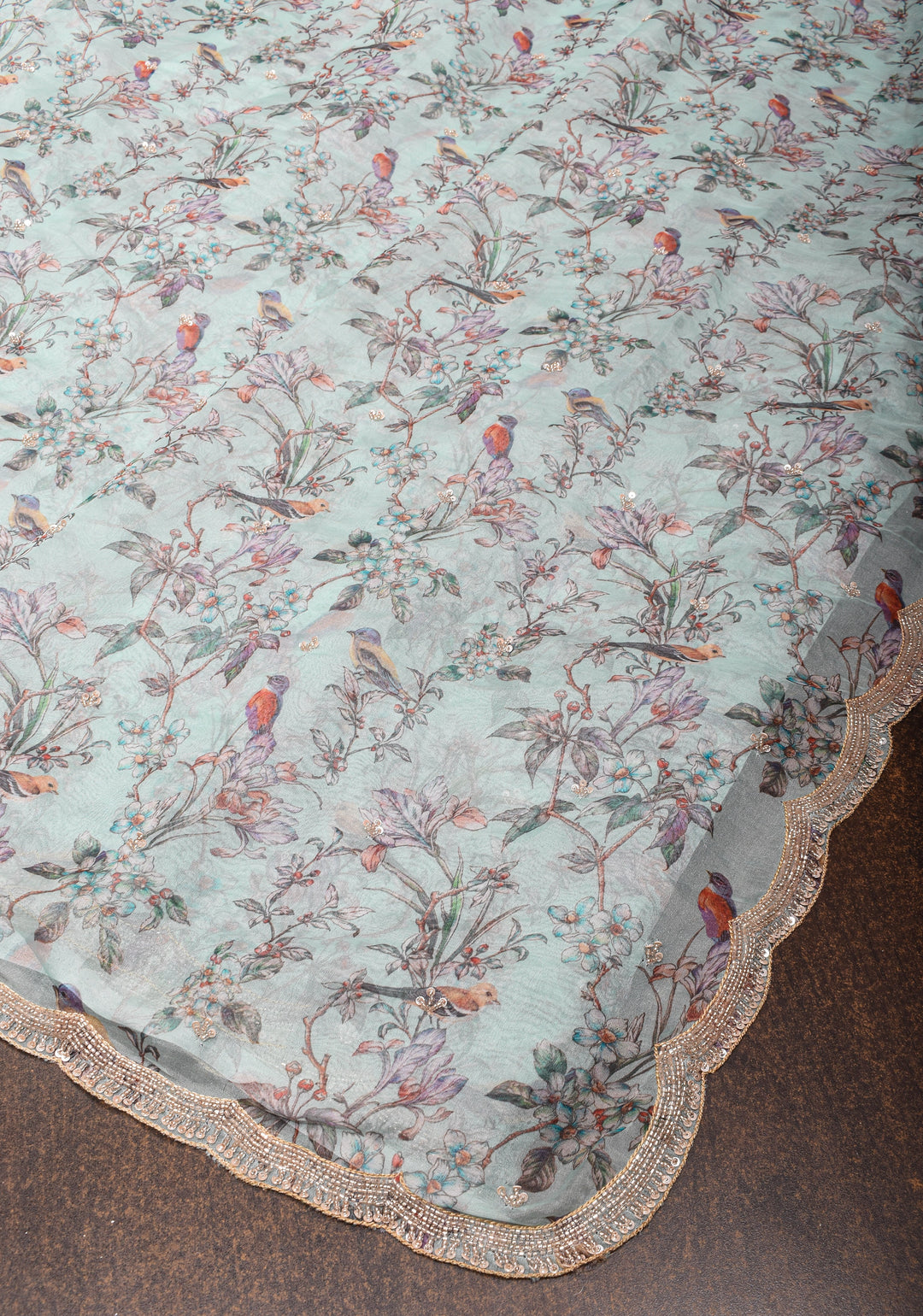 Light Cyan Pure Banarasi Organza Silk Saree with Digital Print and sequins, cutdana work on scallop border