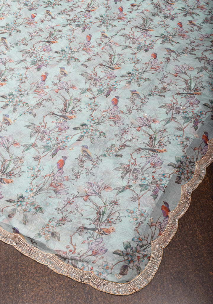 Light Cyan Pure Banarasi Organza Silk Saree with Digital Print and sequins, cutdana work on scallop border