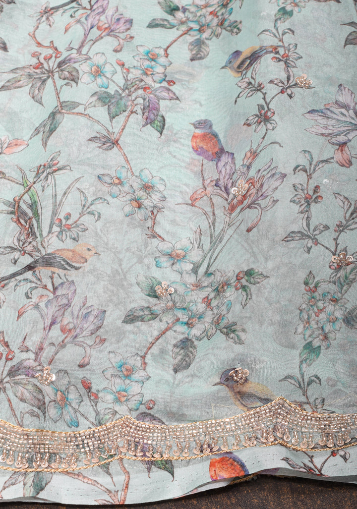 Light Cyan Pure Banarasi Organza Silk Saree with Digital Print and sequins, cutdana work on scallop border
