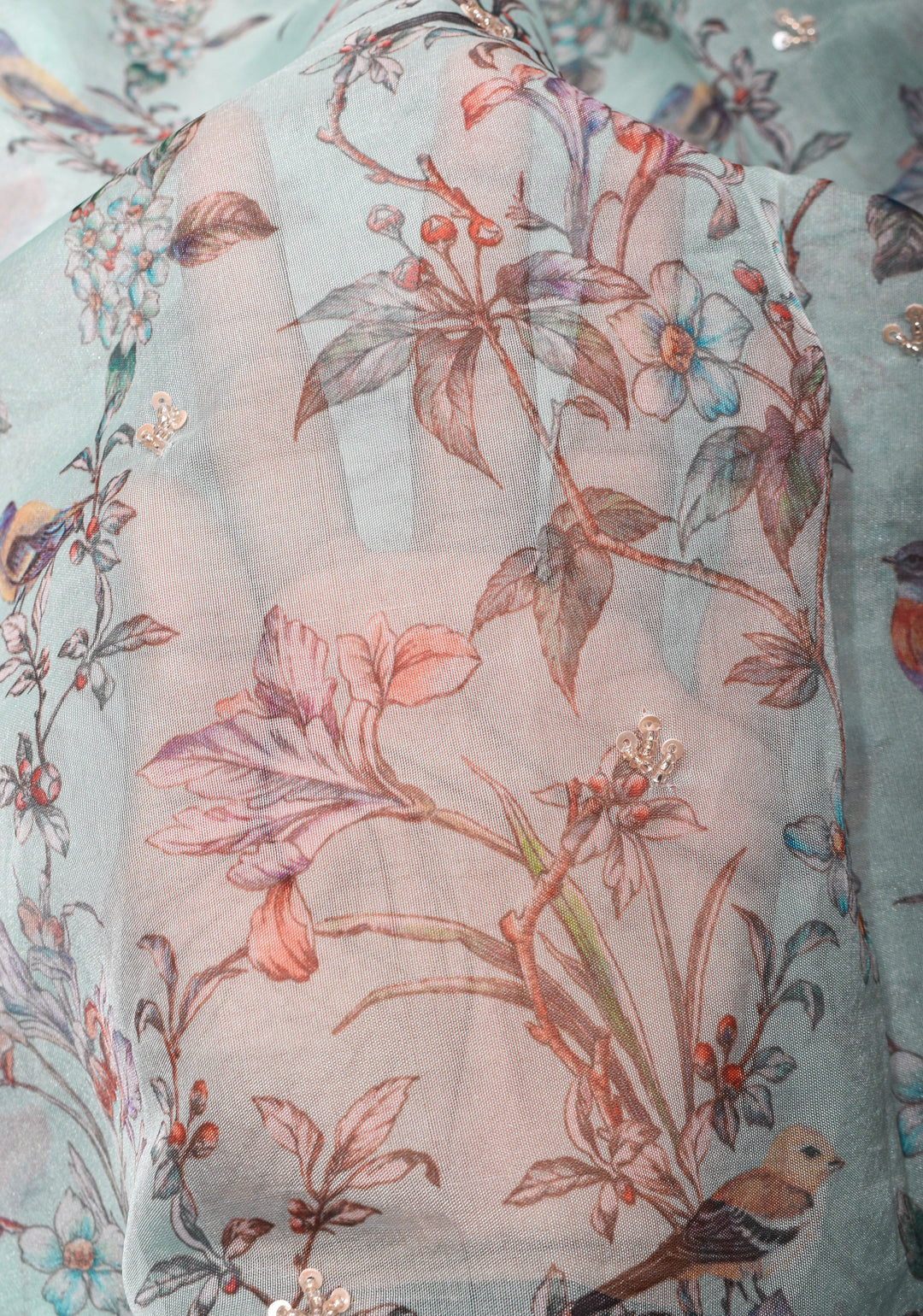 Light Cyan Pure Banarasi Organza Silk Saree with Digital Print and sequins, cutdana work on scallop border