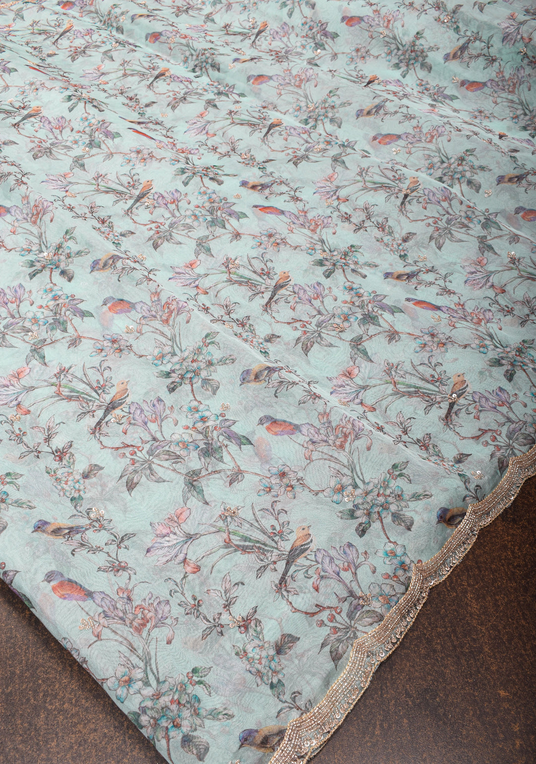 Light Cyan Pure Banarasi Organza Silk Saree with Digital Print and sequins, cutdana work on scallop border