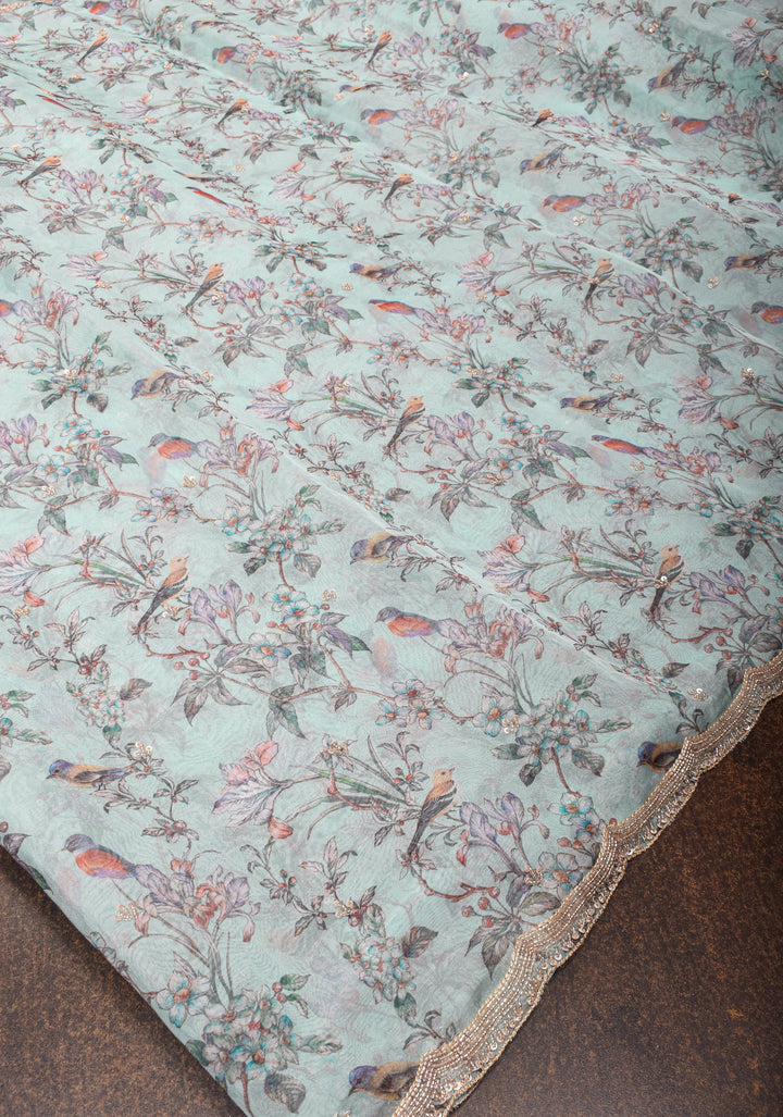 Light Cyan Pure Banarasi Organza Silk Saree with Digital Print and sequins, cutdana work on scallop border