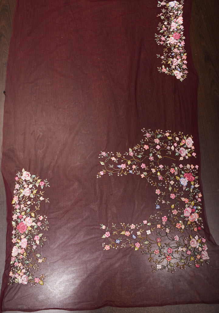 Maroon Pure Banarasi Organza Silk Saree with Floral Embroidery, Pearl work and scallop border | SILK MARK CERTIFIED