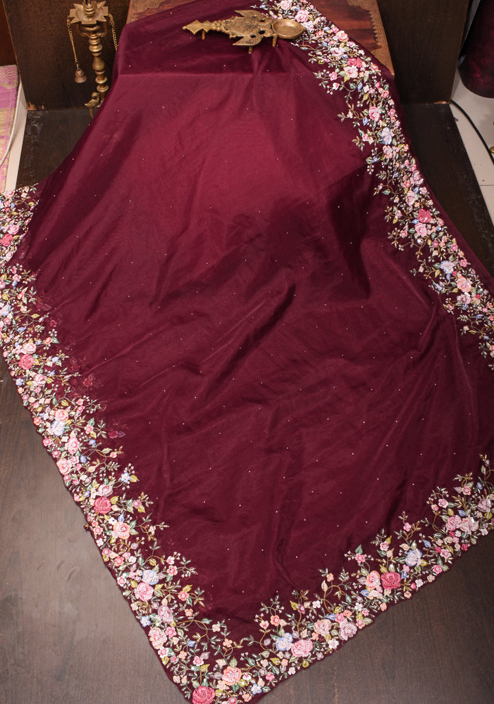 Maroon Pure Banarasi Organza Silk Saree with Floral Embroidery, Pearl work and scallop border | SILK MARK CERTIFIED