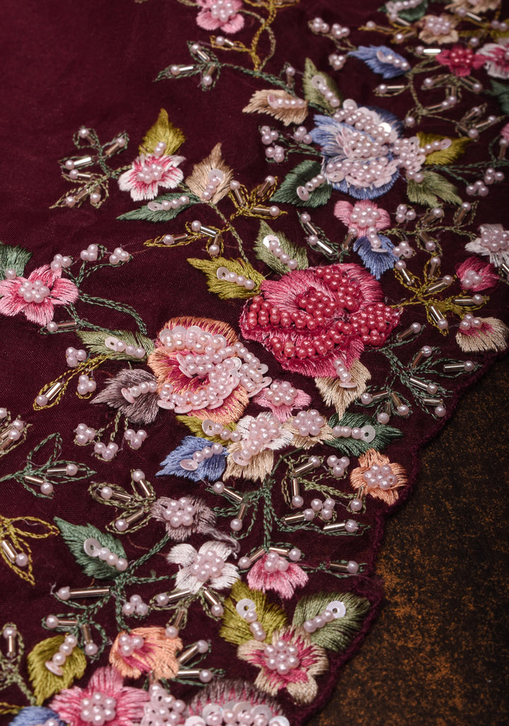 Maroon Pure Banarasi Organza Silk Saree with Floral Embroidery, Pearl work and scallop border | SILK MARK CERTIFIED