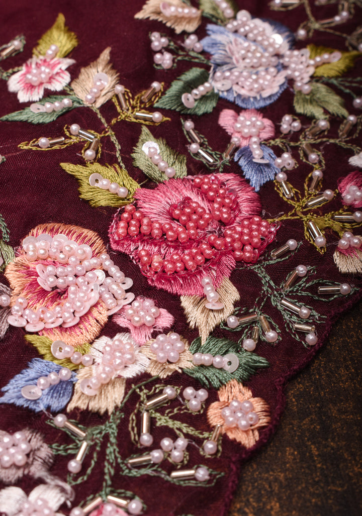 Maroon Pure Banarasi Organza Silk Saree with Floral Embroidery, Pearl work and scallop border | SILK MARK CERTIFIED