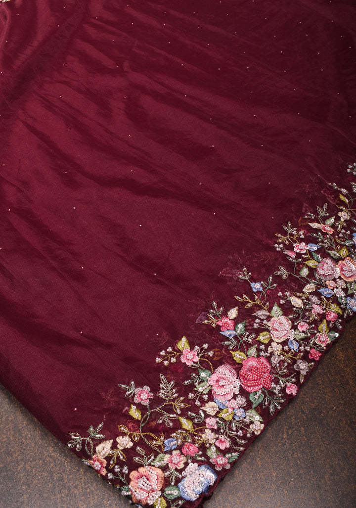 Maroon Pure Banarasi Organza Silk Saree with Floral Embroidery, Pearl work and scallop border | SILK MARK CERTIFIED
