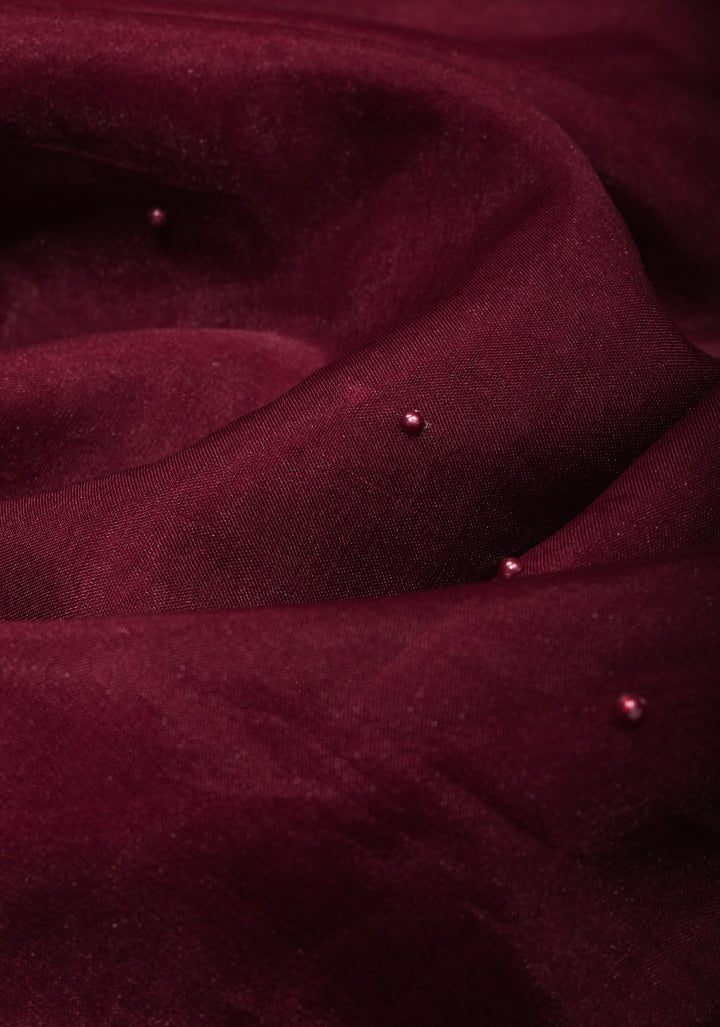 Maroon Pure Banarasi Organza Silk Saree with Floral Embroidery, Pearl work and scallop border | SILK MARK CERTIFIED