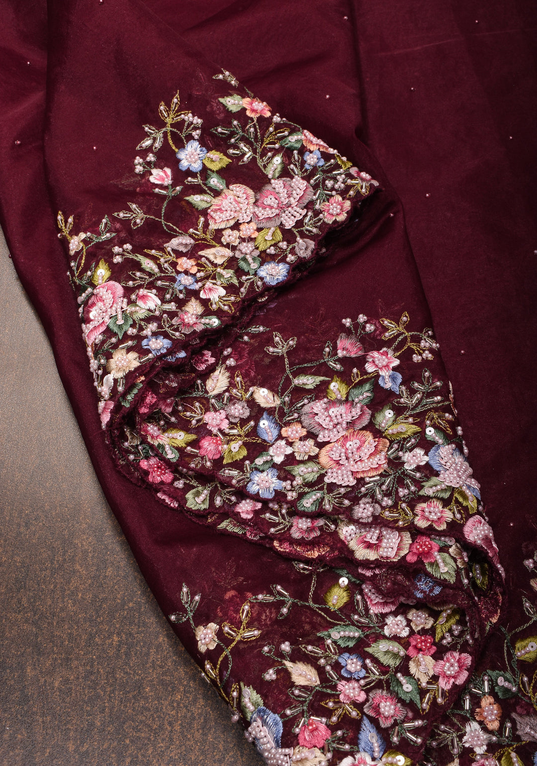 Maroon Pure Banarasi Organza Silk Saree with Floral Embroidery, Pearl work and scallop border | SILK MARK CERTIFIED